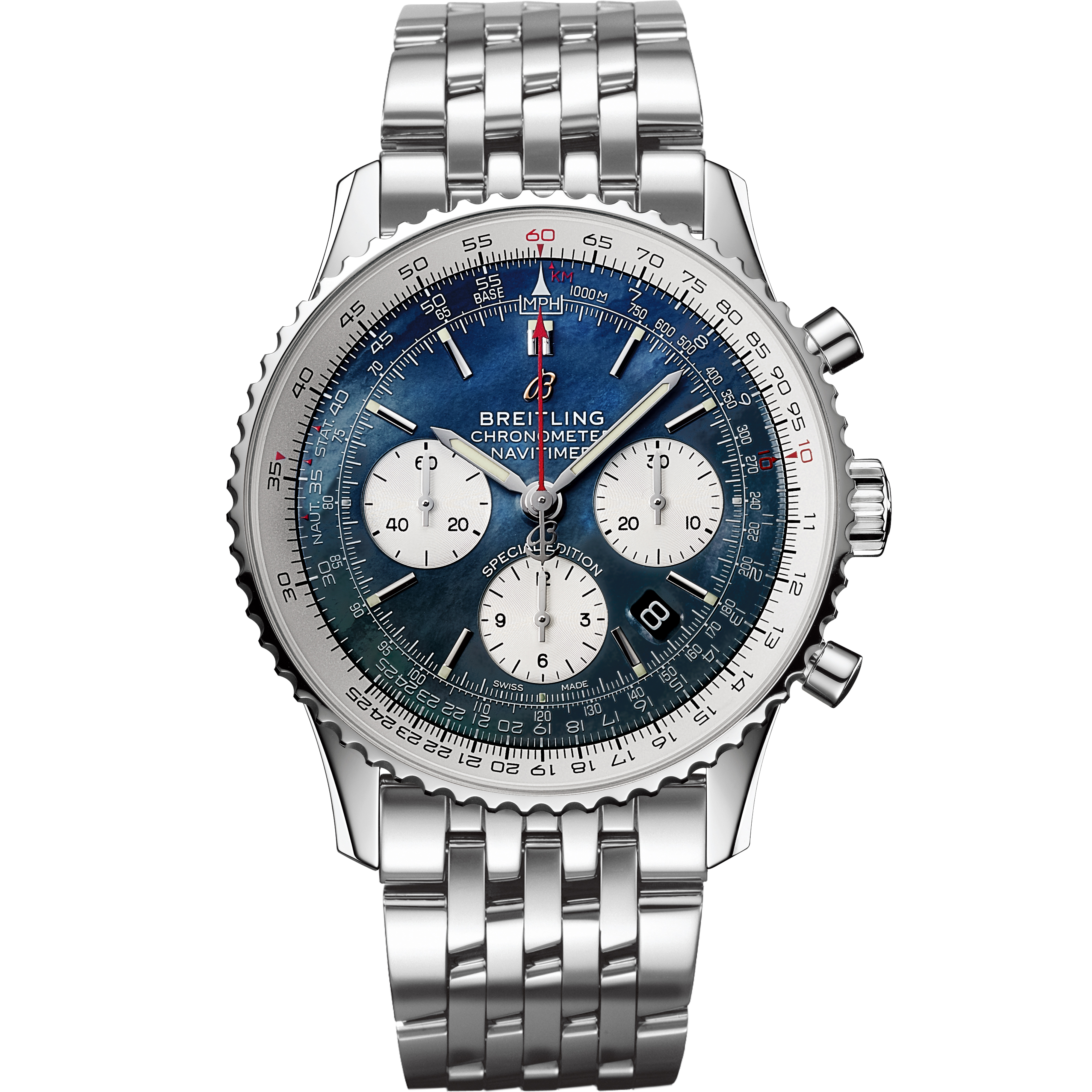 ［BREITLING (ブライトリング)正規取り扱い商品]<br />
<br />
【日本特別モデル】<br />
<br />
ナビタイマー B01 クロノグラフ 43 スペシャル エディション<br />
<br />
Ref.AB0121211B3A1<br />
<br />
¥1,140,000+税<br />
<br />
 <br />
<br />
1952年の誕生以来、<br />
<br />
パイロットと航空ファンに支持され続けてきたナビタイマーは、<br />
<br />
独自の機能性とデザインが高次に融合しています。<br />
<br />
本作はブラックのマザー オブ パール文字盤を採用した、<br />
<br />
日本のためにつくられた特別仕様です。<br />
<br />
日本では常に高い人気を誇る、<br />
<br />
美しくエレガントなマザー オブ― パール文字盤。<br />
<br />
本作は、クロノグラフのナビタイマーとしては<br />
<br />
初めて文字盤にマザーオブパールを採用した、<br />
<br />
日本市場に向けた特別仕様です。<br />
<br />
計器としての機能性を維持しながら、<br />
<br />
真珠母貝による唯一無二の美しさまで<br />
<br />
兼ね備えたタイムピース。<br />
<br />
12時間積算計の外周には、<br />
<br />
特別なモデルを表す<br />
<br />
SPECIAL EDITION<br />
<br />
の文字が刻まれています。<br />
<br />
洗練されたデザインに加え、<br />
<br />
航空用回転計算尺、<br />
<br />
精度と信頼性における最高の認定基準である<br />
<br />
公認クロノメーター、キャリバー01を搭載しています。<br />
<br />
サファイアクリスタルケースバックから<br />
<br />
その美しいムーブメントを覗き込むことができます。<br />
<br />
第一弾が今週末に入荷予定です！<br />
<br />
ぜひ店頭でご覧ください！！