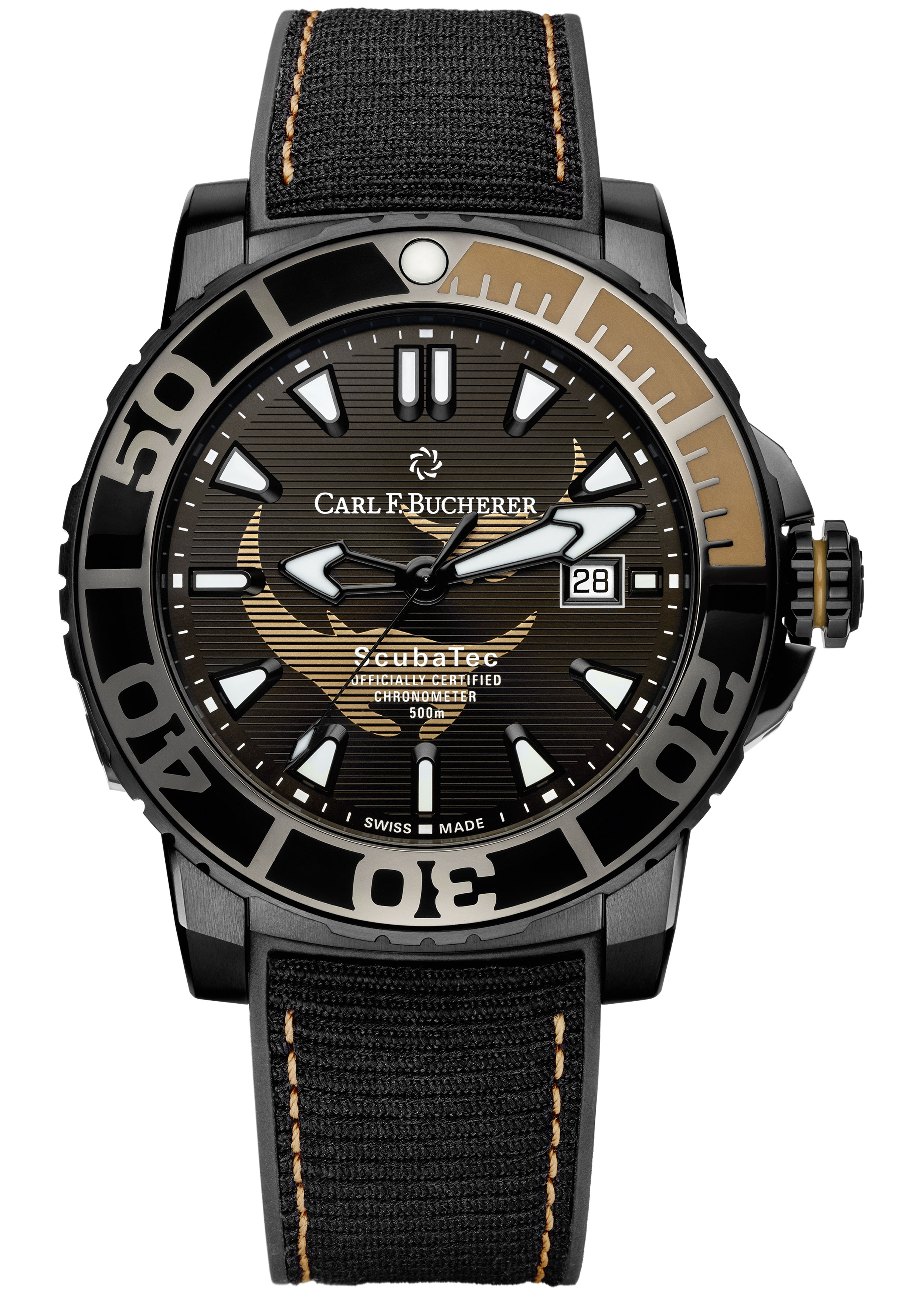 Carl F. Bucherer<br />
PATRAVI SCUBATEC BLACK MANTA SPECIAL EDITION<br />
<br />
カールFブヘラ<br />
パトラビ スキューバテック ブラックマンタ スペシャルエディション<br />
<br />
<br />
カール F. ブヘラでは、数年前から非営利団体「マンタトラスト」を支援し、海洋環境の保護活動に力を入れている。この新作「パトラビ スキューバテック ブラックマンタ スペシャルエディション（PATRAVI SCUBATEC BLACK MANTA SPECIAL EDITION）」は、雄大なマンタの姿をダイヤルにあしらったもので、シリーズでは初となるチタン素材をケースに使用。その表面にはDLC処理を施して、強固さを増した。同様にチタンで作ったケースバックにも、マンタの姿をあしらっているが、お腹側というのが愛らしい。ストラップもユニークで、リサイクルペットボトルから作られたテキスタイルを使用している。<br />
<br />
ケース径：44.60mm<br />
ケース厚：13.45mm<br />
ケース素材：チタン<br />
防水性：500ｍ<br />
ストラップ：テキスタイル×ラバー<br />
ムーブメント：自動巻き、Cal.CFB 1950.1、約38時間パワーリザーブ<br />
仕様：COSC認定クロノメーター<br />
<br />
<br />
【ブランドについて】<br />
カール F. ブヘラは、創業者一族が今も経営を続ける数少ないスイスの時計メーカーの一つで、そのルーツには創業地ルツェルンのスピリットが深く関わっています。ルツェルンはスイス建国の歴史に大きな役割を果たし、700年以上の歴史を持つ独立心にあふれた町。100年以上前から登山鉄道や飛行船などの革新的な交通手段を取り入れ、世界各地からの観光客と交流を持ってきた町。そして何といっても山や湖を見渡すことのできる美しい自然の風景。このような歴史と風土の中で育まれたスピリットがブランドイメージや製品に大きく映し出されています。<br />
流行を追うのではなく、自分自身のスタイルを表現するための時計。それが、カール F. ブヘラの時計です。<br />
<br />
税抜価格 ￥ 900,000<br />
<br />
＜ 100回分割例 ＞<br />
1回目 ￥9,900<br />
2回目以降 ￥9,900×99回<br />
総額￥990,000（税込）<br />
<br />
ショッピングクレジットはオンライン上で審査も可能です。<br />
<br />
無金利フェアについてとお問い合わせ頂くとスムーズです。<br />
<br />
ロングスロウディスタンス 東京<br />
<br />
電話でお問合せ　<br />
03-6447-1311<br />
<br />
MAILでお問合せ　<br />
info@long-slow-distance.com<br />
<br />
LINEでお問合せ　<br />
https://lin.ee/xzNEf3K