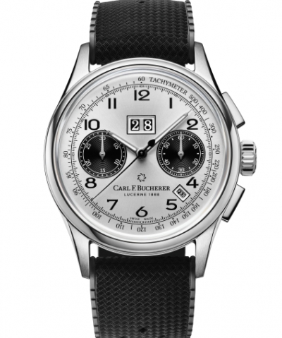 Carl F. Bucherer<br />
<br />
カールFブヘラ<br />
ヘリテージ バイコンパックスアニュアル<br />
世界限定８８８本<br />
<br />
1950年代に製作されたブヘラ製クロノグラフからインスパイアされたモデル。<br />
ケース、針、インデックスやプッシュボタンのデザインは当時のものを再現、<br />
サイズや機能は現代的にアップデート。<br />
<br />
ケース径	41mm<br />
ケース厚	14.05mm<br />
ケース素材	ステンレススティール<br />
ダイアル	シルバー＆ブラック<br />
防水性	3気圧<br />
ブレス/ストラップ	ラバー<br />
ムーブメント	自動巻、CFB1972キャリバー<br />
42時間パワーリザーブ、毎時28,800振動<br />
仕様	クロノグラフ、アニュアルカレンダー、ビッグデイト表示、月表示<br />
世界限定888本<br />
<br />
<br />
【ブランドについて】<br />
カール F. ブヘラは、創業者一族が今も経営を続ける数少ないスイスの時計メーカーの一つで、そのルーツには創業地ルツェルンのスピリットが深く関わっています。ルツェルンはスイス建国の歴史に大きな役割を果たし、700年以上の歴史を持つ独立心にあふれた町。100年以上前から登山鉄道や飛行船などの革新的な交通手段を取り入れ、世界各地からの観光客と交流を持ってきた町。そして何といっても山や湖を見渡すことのできる美しい自然の風景。このような歴史と風土の中で育まれたスピリットがブランドイメージや製品に大きく映し出されています。<br />
流行を追うのではなく、自分自身のスタイルを表現するための時計。それが、カール F. ブヘラの時計です。<br />
<br />
税抜価格 ￥ 900,000<br />
<br />
＜ 100回分割例 ＞<br />
1回目 ￥9,900<br />
2回目以降 ￥9,900×99回<br />
総額￥990,000（税込）<br />
<br />
ショッピングクレジットはオンライン上で審査も可能です。<br />
<br />
無金利フェアについてとお問い合わせ頂くとスムーズです。<br />
<br />
ロングスロウディスタンス 東京<br />
<br />
電話でお問合せ　<br />
03-6447-1311<br />
<br />
MAILでお問合せ　<br />
info@long-slow-distance.com<br />
<br />
LINEでお問合せ　<br />
https://lin.ee/xzNEf3K