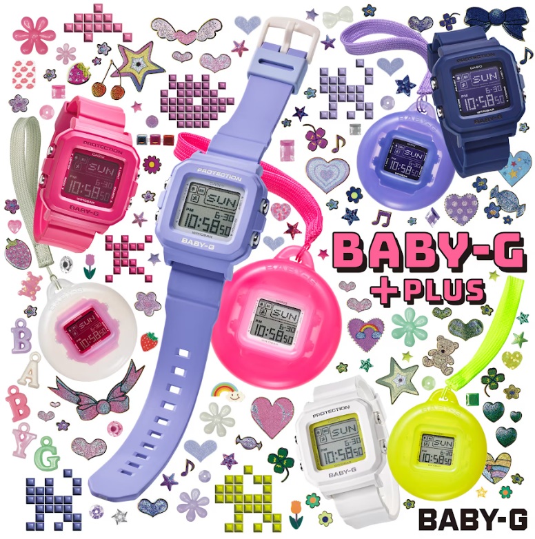 BABY-G+PLUS<br />
BGD-10 Series<br />
<br />
期間中BGD-10Kを購入された方に先着でBABY-G+PLUSクロミオリジナルカバーをプレゼント!<br />
<br />
2024年に誕生30周年を迎えるBABY-Gから、自分の好みにあわせて使い方が楽しめる「BABY-G+PLUS」です。<br />
コンパクトなデジタルウオッチと、専用の時計ホルダーがセットになったモデルで、ベゼルとバンドの取り外しが可能。<br />
付属の時計ホルダーにセットすれば、ユニークなチャームとしても活躍します。Y2Kのカラーテイストがファッションに華を添えます。シリコンホルダーはシールやデコレーションで自分仕様にアレンジが可能です。<br />
加えて、時刻モードでライトボタンを押すと、ドット絵キャラクター(ボーダー、ダンサー、イルカ、ハリセンボン、イヌ、ネコ)のアニメーションがランダムに表示され、かわいらしい動きでフェイスを楽しく演出します。<br />
BABY-Gらしい遊び心をプラスし、自由なカスタマイズを楽しめるシリーズです。<br />
※ 光沢仕上げである本製品の製法上、表面にしわのような模様が発生することがあります。<br />
※ デコレーションはお客様ご自身の責任にてお願いいたします。<br />
<br />
発売年月<br />
2024年5月<br />
価格<br />
メーカー希望小売価格 ¥9,900(税込)<br />
ケースサイズ(縦×横×厚さ)<br />
icon-question<br />
42.8 × 39 × 14.7 mm<br />
質量<br />
icon-question<br />
33 g<br />
ケース・ベゼル材質<br />
樹脂<br />
付属品:ストラップ付専用ホルダー<br />
バンド<br />
樹脂バンド<br />
構造<br />
耐衝撃構造(ショックレジスト)<br />
防水性<br />
10気圧防水<br />
使用電源・電池寿命<br />
電池寿命:約3年<br />