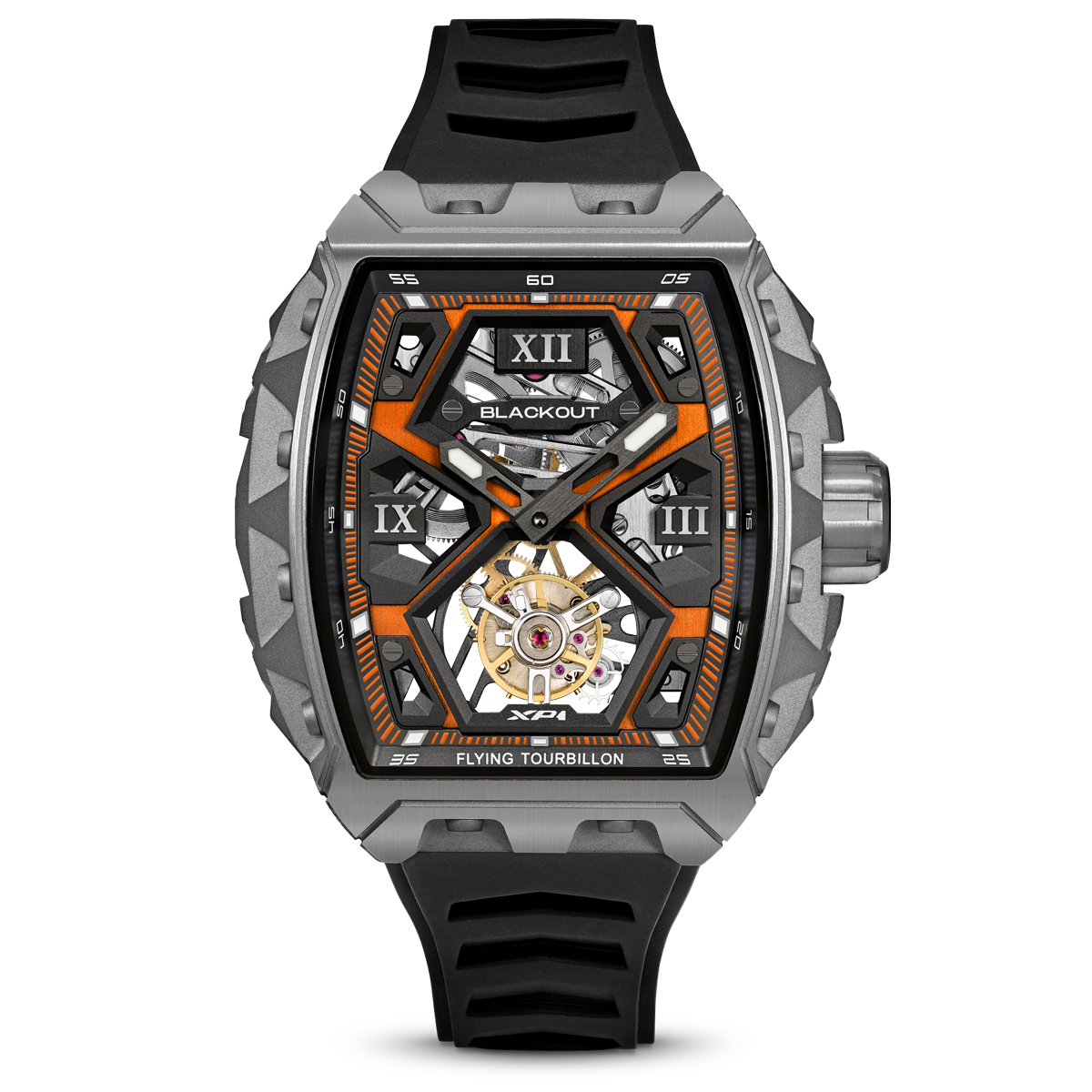 BLACKOUT WATCHES XP1 Tourbillon Titanium Orange / BOXP1TBTIOR「今注目のスイス時計ブランドBLACKOUT WATCHES（ブラックアウトウォッチ）が日本初上陸｜トゥールビヨン搭載の本格腕時計が手の届く価格で登場、ファッション感度の高い若者におすすめの最新ウォッチ」