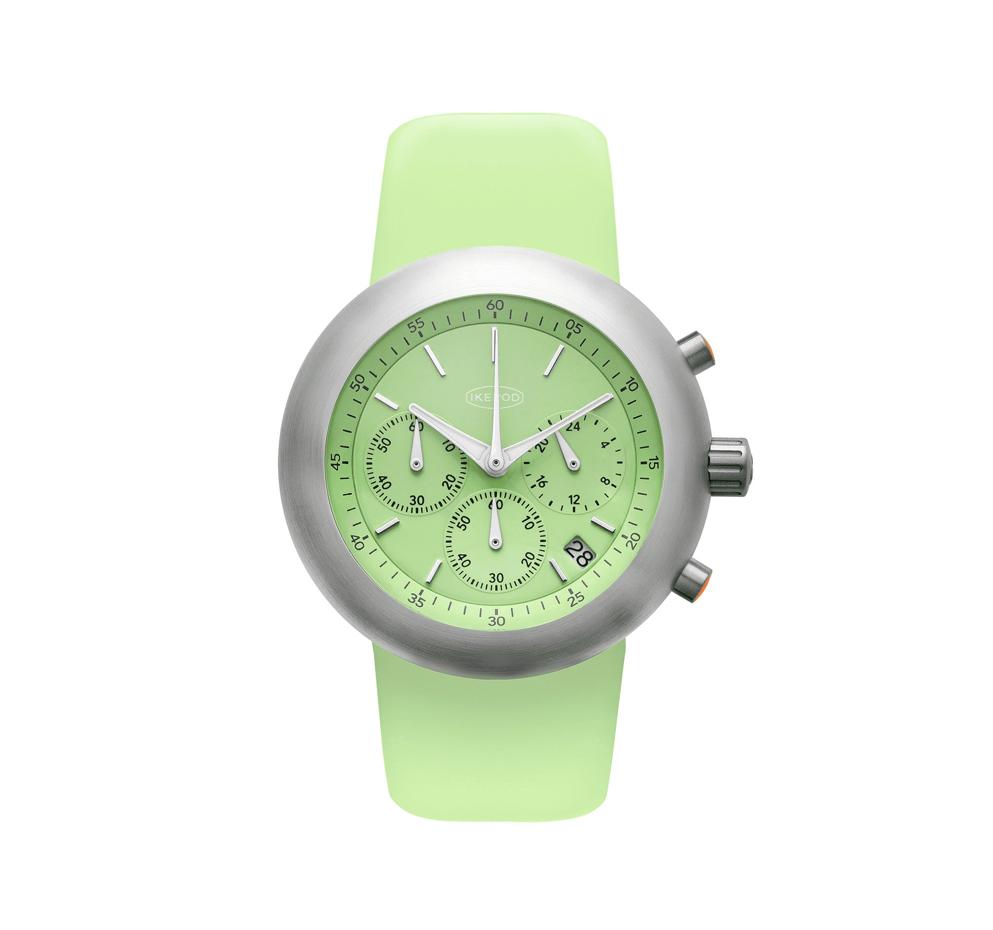 IKEPOD / New Chronopod / IPC011SILP / C011 Pistachio Limited Edition　Ikepod（アイクポッド）復活のクロノグラフ「NEW CHRONOPOD」。2000年代に時計ブームを楽しんだ方に懐かしい、マーク・ニューソンが生み出した流線形UFO型ケースを継承しつつ、エマニュエル・ギョエのデザインダイヤルと日本製クロノグラフムーブメントを搭載。幻の「HEMIPOD」へのオマージュでありながら、ドーム型サファイア風防と快適なシリコンラバーストラップが現代的な装着感を実現。20年前の情熱を呼び覚ます、コレクター必見のリローンチモデル。