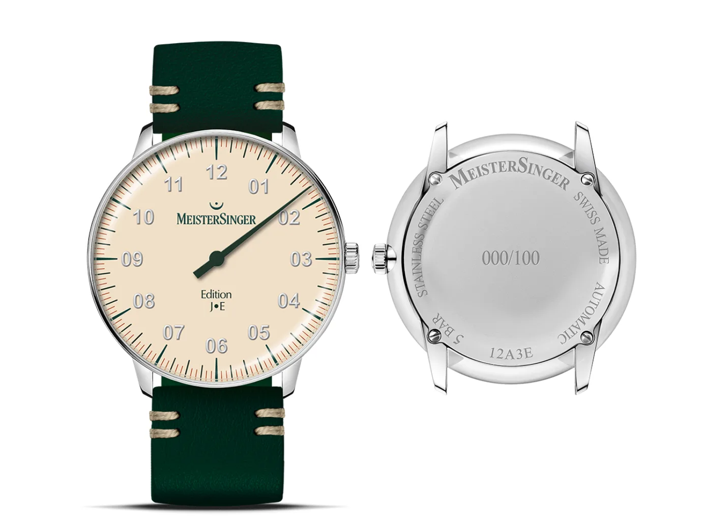 マイスタージンガー（MeisterSinger）の限定腕時計「Edition Neo J.E」、1960年代の名車ジャガーEタイプにオマージュを捧げた世界限定100本モデル。ブリティッシュ・レーシング・グリーンのアクセントと36mmケースにスイス製自動巻きムーブメントを搭載し、Bburago製1:18スケール・ジャガーEタイプのモデルカー付き豪華パッケージで展開される、車好きと時計好きのための特別なタイムピース。