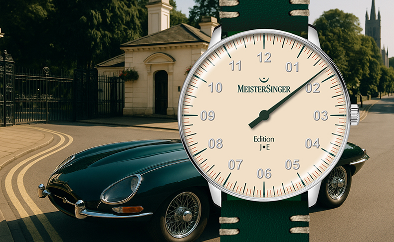 MEISTER SINGER(マイスタージンガー) 2025新作 クラシックカーの美学を腕元に。マイスタージンガー「エディション ネオ J.E」が、60年代を象徴する英国伝統のレーシンググリーンを纏ったEタイプ・ジャガーのミニチュアモデル付き特別パッケージで登場