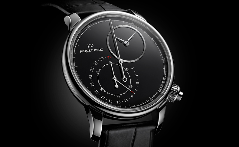 JAQUET DROZ(ジャケ・ドロー) 2020新作 圧倒的な存在感を漂わせるオニキスが、グラン・セコンドを神秘的な漆黒さで包み込む。ジャケ・ドロー「グラン・セコンド オフセンター クロノグラフ ブラック オニキス」