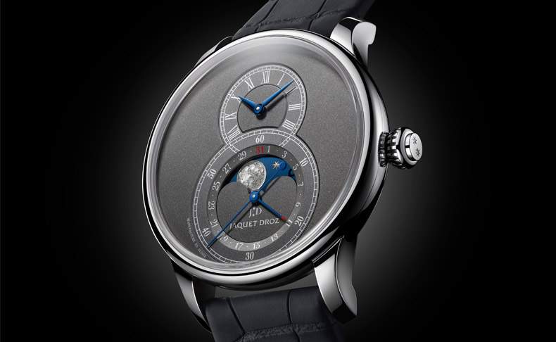 JAQUET DROZ(ジャケ・ドロー) 2020新作 インパクトのある神秘的なタイムピース。アストロノミカル・ムーンフェイズを採用した、ジャケ・ドロー「グラン・セコンド ムーン アントラサイト」