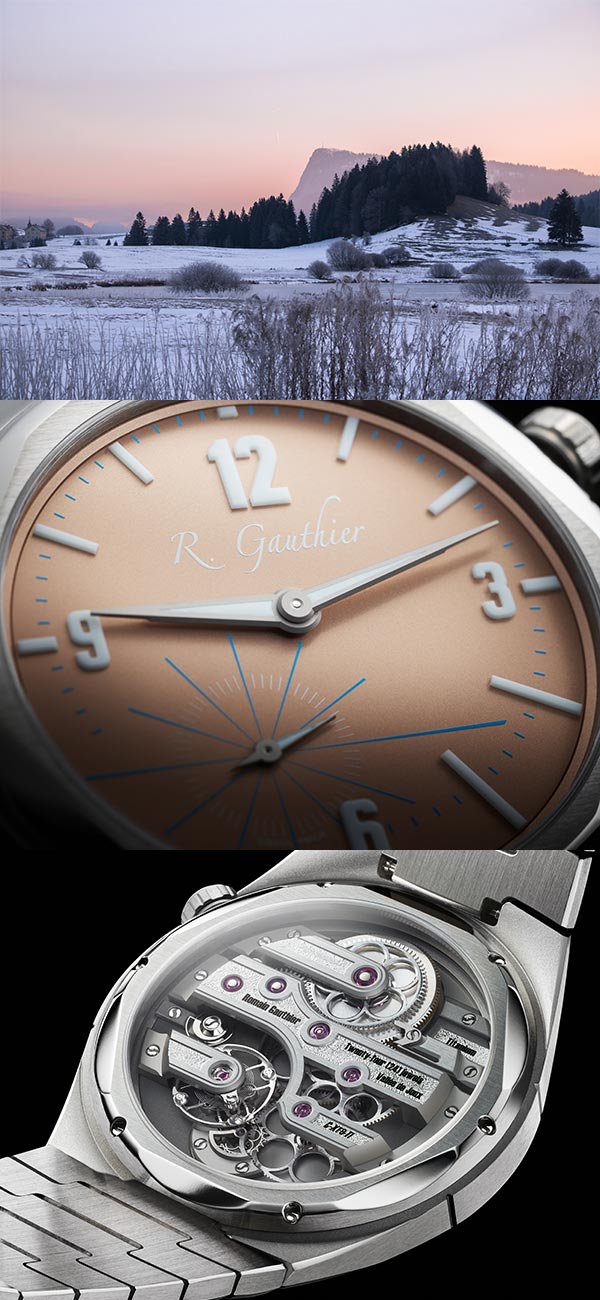 ROMAIN GAUTHIER(ローマン・ゴティエ) 2023新作 「日の出」のように光の角度によって色の見え方が変わる。ローマン・ゴティエ「コンティニュアム チタン エディション ブレスレット "ルヴェドゥソレイユ"カラー文字盤」