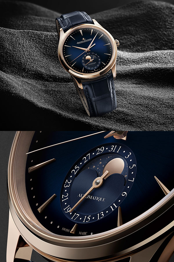 JAEGER-LECOULTRE(ジャガー・ルクルト) 2023新作 グラデーションミッドナイトブルーダイヤルに温かみのあるピンクゴールド製ケース。ジャガー・ルクルト「マスター・ウルトラスリム・ムーン」