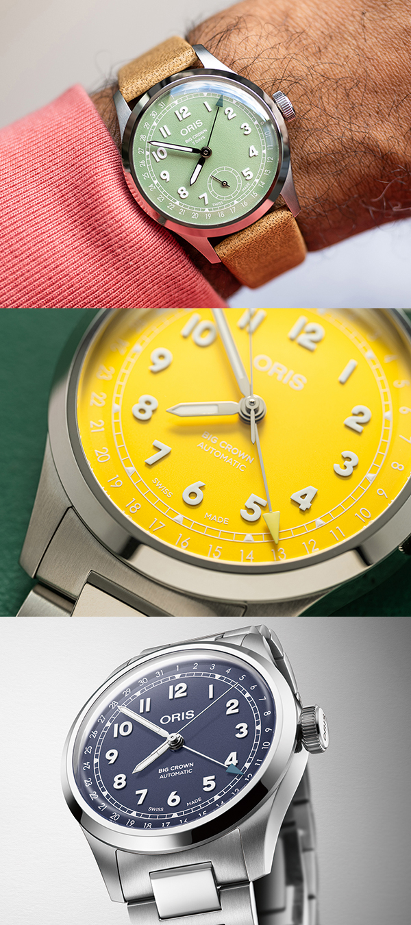 ORIS(オリス) 2025新作 1938年に登場した、オリスを象徴する「ビッグクラウン ポインターデイト」が、新鮮なルックと楽しくて新しいカラーパレットで再登場
