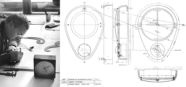 テーブルクロックを側に置いてデザイン作業を行うマックス・ビル(ユンハンス所蔵写真)